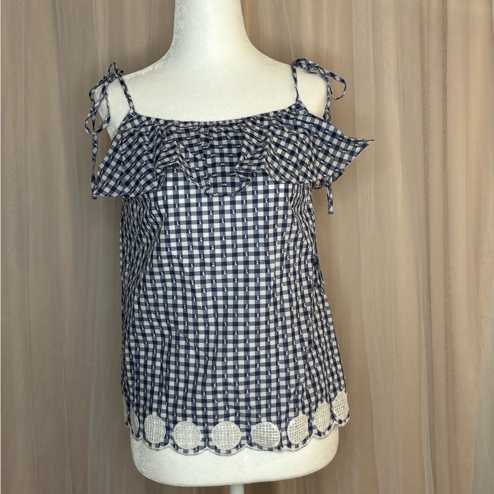 J. Crew Blue and White Ruffled Tie Front Blouse